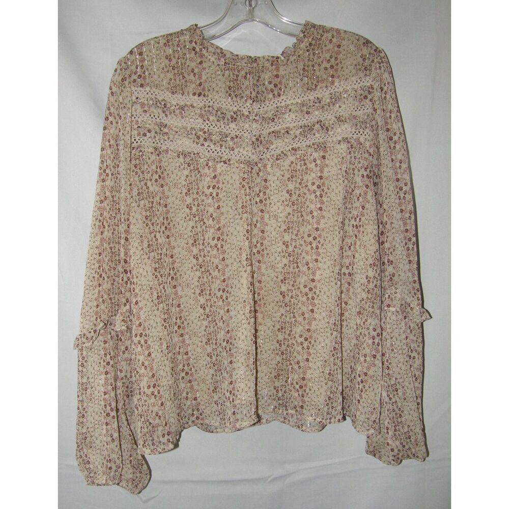 JUNE & HUDSON Ditsy Floral Sz XL Sparkly Ruffled Lined Long Sleeve Boho Blouse